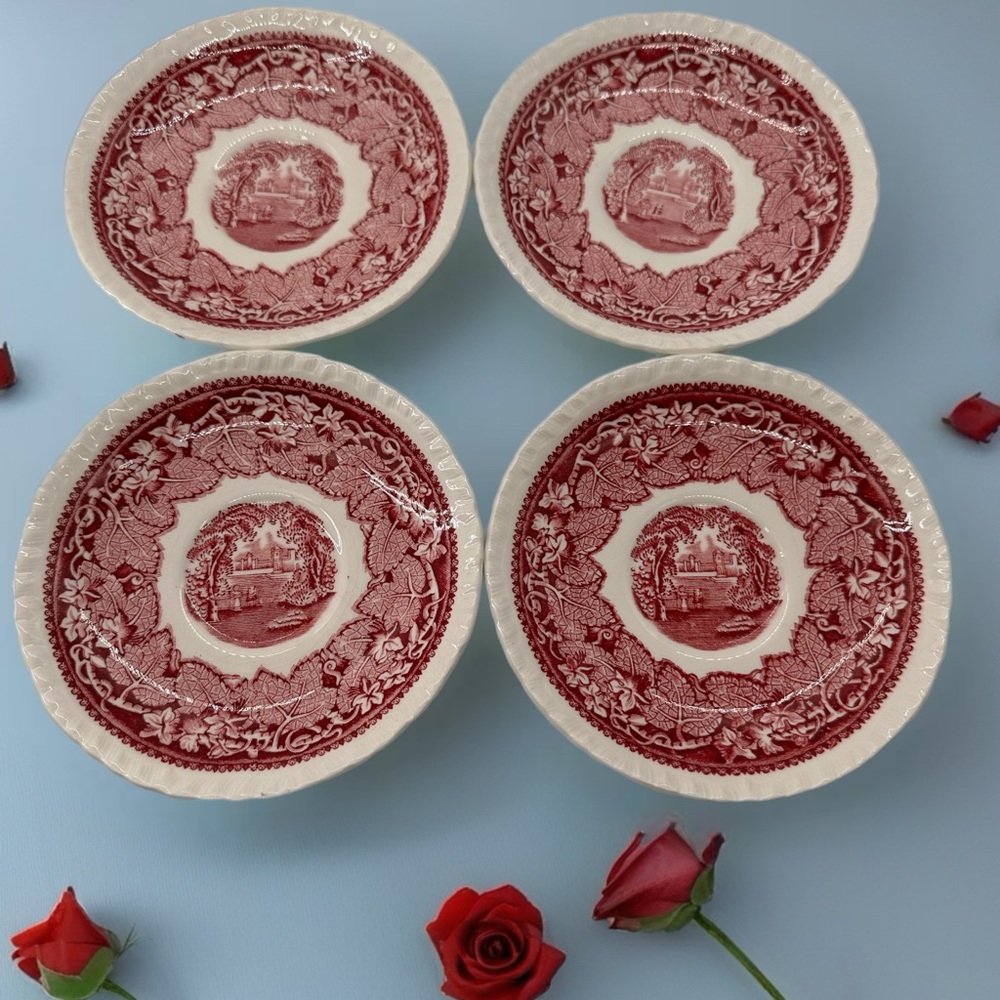 VTG Set of 4 Mason's Vista England Pink/Red White Transferware Saucers